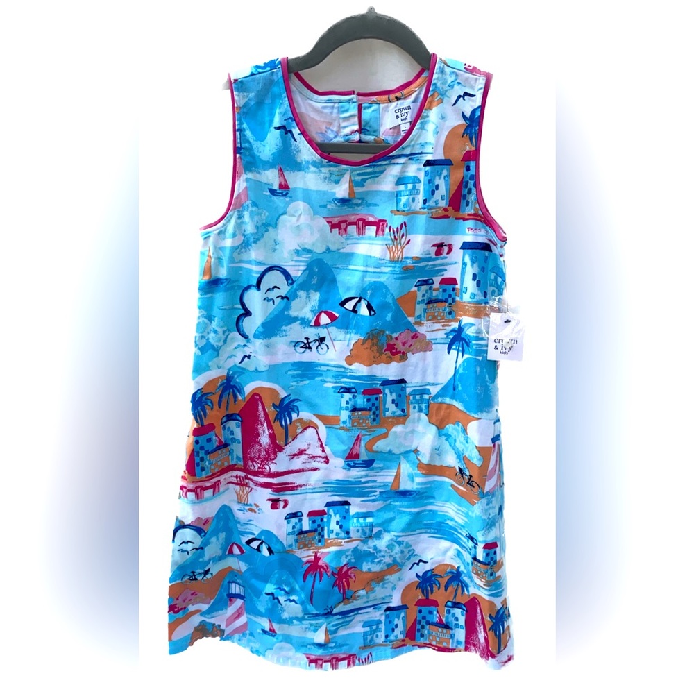 NWT Crown & Ivy Kid’s dress; “Scenic Harbor Island” print; size L girls
